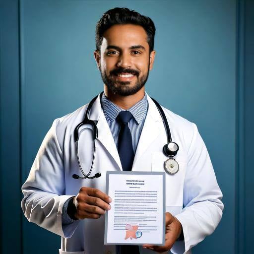 A proud doctor with a certificate blue and orange A proud doctor with a certificate blue and orange